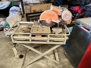 TC250B-1 Wet Tile Saw 2.5HP 120V 3340RPM on Folding Stand with Masonry Trowels and Hand Tools