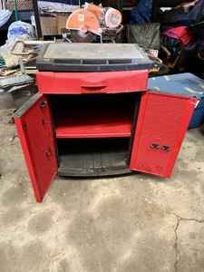 Workforce Style Rolling Garage Storage Cabinet with Drawer, 2 Shelves and Red Metal Perforated Doors on Casters