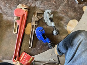 Husky 14 Inch Pipe Wrench, Moore Drop Forging Co. Pipe Wrench and Two Tube Cutters Including Blue and Gray Models