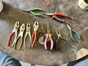 Assorted Pliers Including Slip Joint, Needle Nose and Long Nose Styles with Various Handle Colors