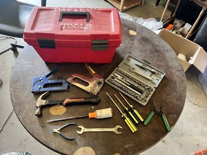 Assorted Hand Tools with Toolbox and Socket Set including Stanley Screwdrivers, Pliers, and Hammer