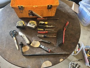 Mixed Hand Tools including Stanley Tape Measures, Screwdrivers, Pry Bar and Utility Knife