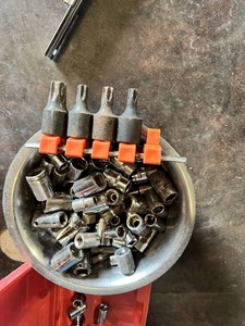 Mixed Brand Socket and Bits with Tray and Red Case Container, including Torx bits, sockets, and a socket organizer tray.