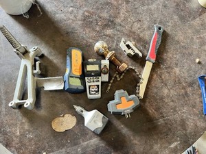 Digital Tape Measure, Stud Finder, and Assorted Tools including Bike Hand Tool and Power Adapter