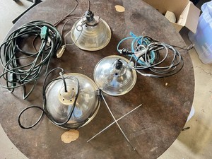 Clamp Work Lights with Extension Cords and Accessories Lot including Metal Reflectors and Bulb Holders