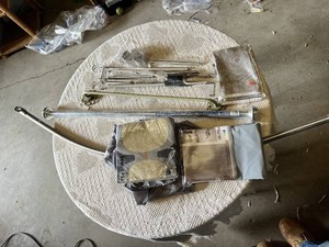 Shower curtain rods, curtain, and accessories including adjustable rods and shower curtain set