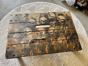 Wooden platform dolly with skull and flame design and casters 16x24
