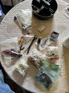 Mixed Automotive Parts and Accessories Lot including Switches, Connectors, and Wiring and Stacker Tool Caddy