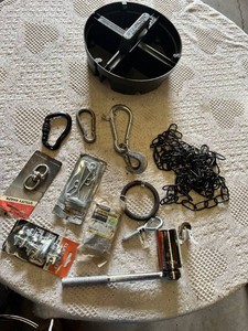 Miscellaneous Hardware Tools Including Husky Socket Wrench, Clamps, Carabiners, Stacker Tool Caddy and Hooks