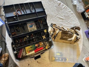Cabelas Fishing Tackle Bag and Plano Tackle Box Set with Assorted Lures and Accessories