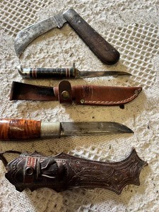 Vintage Hunting Knives and Leather Sheaths Including Germany-Made Pieces