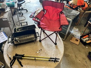 Red Folding Camp Chair, Master Cook Portable Grill, and Hiking Poles