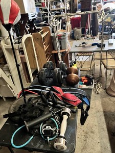 Fitness Equipment Lot including Dumbbells, Kettlebell, Resistance Bands, and Training DVDs
