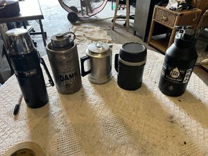 Thermos, Growler, and Flask Collection including TAL Ranger Pro 64oz, Vintage Aladdin, and Metal Pitcher