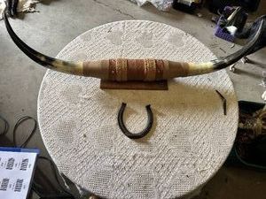 Leather Horn Wall Mount Display and Horseshoe