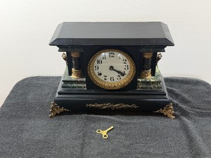 Antique Ingraham 2 Column Lion Head Green Faux Mantle Clock - wood with Key