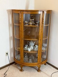 Vintage Curved Glass Curio Cabinet - contents not included - BRING HELP TO LOAD