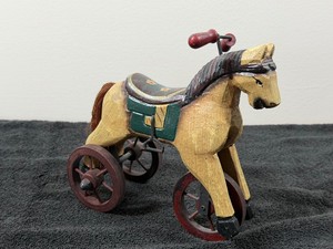 Hand Painted and Carved Wooden Toy Tricycle Horse Figurine