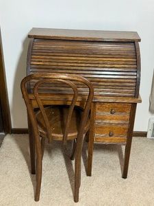 Vintage Childrens Solid Wood Roll Top Desk with Wooden ChairBRING HELP TO LOAD