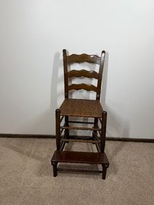 Vintage High Back Shoeshine Chair with Rush Seat and Foot Rest