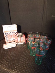 Coca-Cola musical juke box bank and glasses