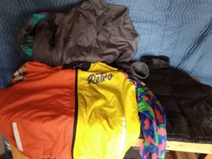 4x Retro jacket, 3x Swiss Tech Jacket, and a XL  Athletech Vest and bag