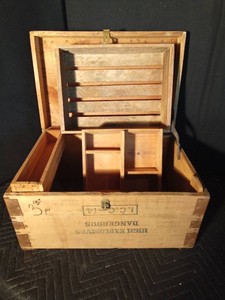 High Explosives wooden box with brass corners and removable organizing trays inside