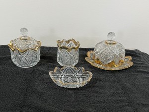 Lot of 4 Vintage Cut Glass Ware Faceted Pattern Sawtooth Gold Rim