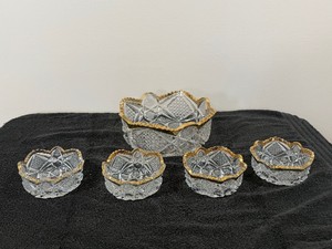 Lot of 5 Vintage Cut Glass Bowls Faceted Pattern Sawtooth Gold Rim