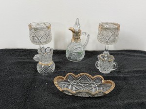 Lot of 6 Vintage Cut Glass Ware Faceted Pattern Sawtooth Gold Rim