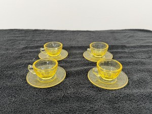 Vintage Anchor Hocking Yellow Depression Glass Tea Set. Cameo Ballerina Set of 4 Mini Tea Cups & Saucers. Scroll Handles.
