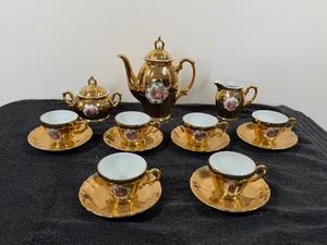 15 Piece Set - Vintage Lusterware Tea Pot Set Gold Colored with Man and Women on Front