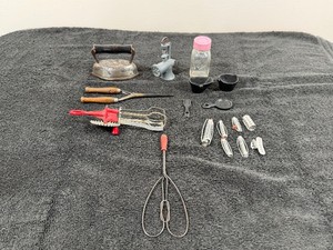 Lot of Miniature Items that are Vintage - Egg Beater - Rug Beater - Ball Jar - Iron - Meat Grinder and More