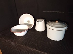 Enamelware - Lg Kettle with lid, coffee pot, dishpan and bowl