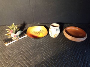 Vintage Nemadji Indian pottery bowl & vase, plastic fruit bowl and Roodter napkin holder