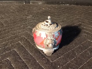 Antique Chinese incense burner crafted from copper alloy and inlaid pink stone