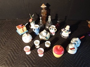 Lot of collectibles - egg glasses, jellyhoney serving dishes, bells, Old Spice cologne decanter, Juicer