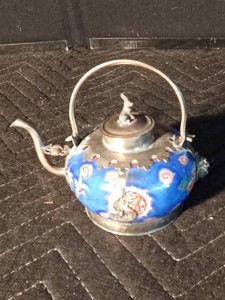 Antique Chinese porcelain teapot with Tibetan silver or plated silver
