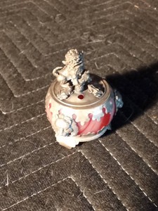 Antique Chinese incense burner crafted from copper alloy and inlaid pink stone