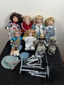 Large Lot of Collectible Porcelain Dolls with Stands