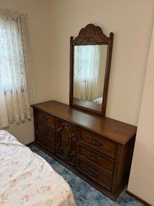 vintage 1960s1970s dresser with a matching vertical mirror, featuring a classic Mediterranean  Spanish Revival style. BRING TOOLS AND HELP TO LOAD