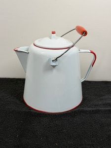 vintage white and red enamelware cowboy campfire coffee pot kettle