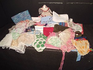 Vintage doilies, aprons, table cloths, rug and more