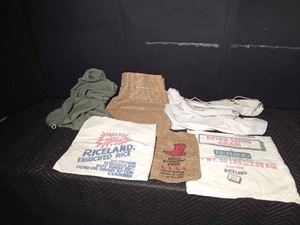 Burlap and cloth rice bags - 3 with advertisement on them