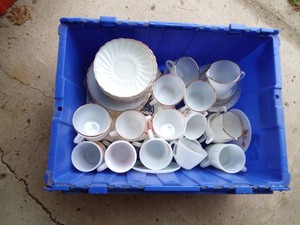 Set of Anchor Hocking white dishes with gold trim and others