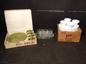 8pc Harvest Milk Glass snack set and 9pc clear glass snack set