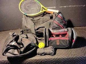 3 Sports bags, umbrella, tennis rackets and a ball