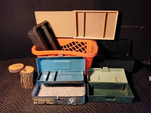 Basket of toolboxes, tackle box, wood box and hidden compartment log