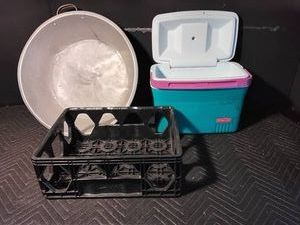 Large aluminum pan, Rubbermaid cooler, and a Coca-Cola crate
