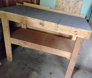 Wood work bench with shelf under table